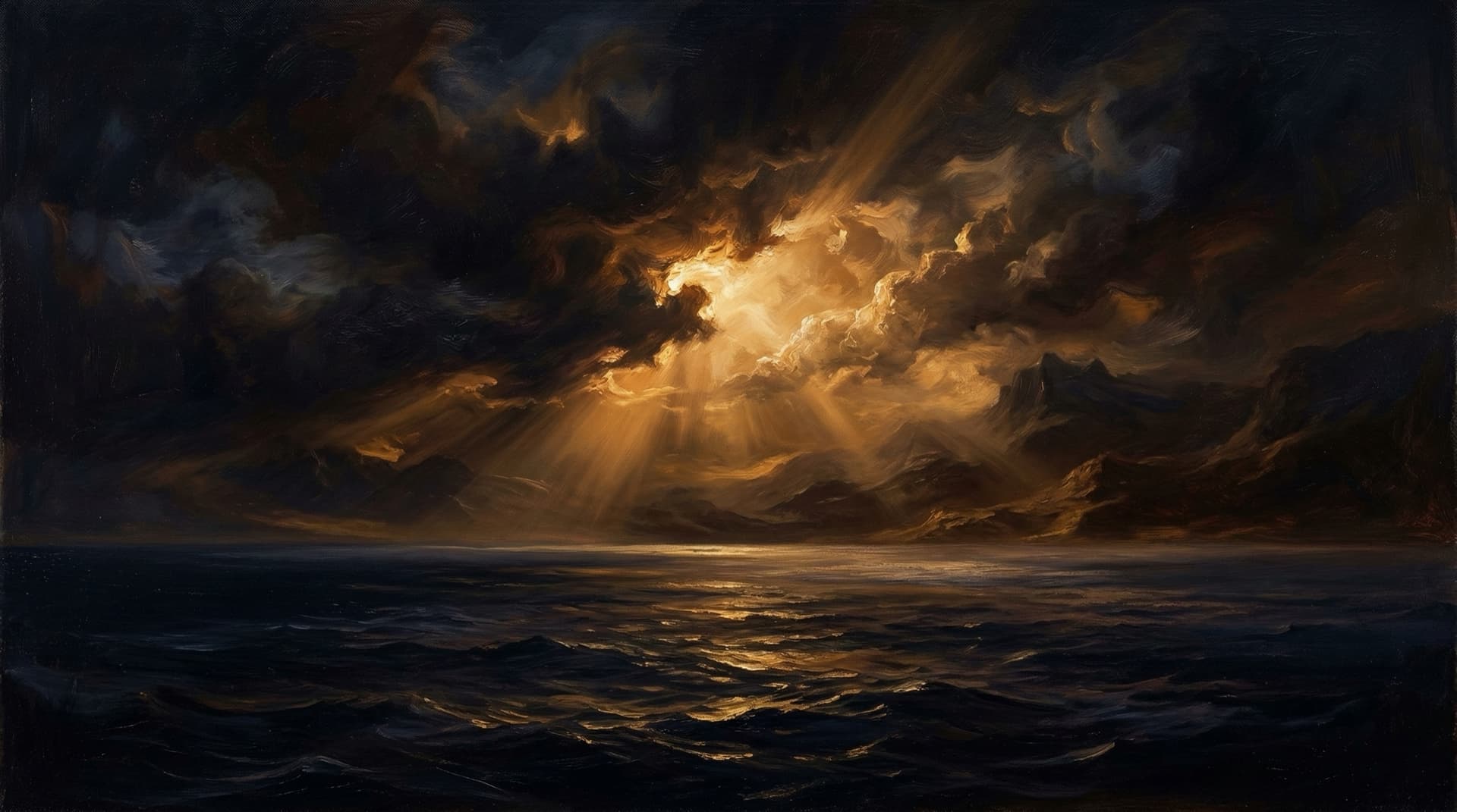 Golden light breaking over still water at the moment of creation