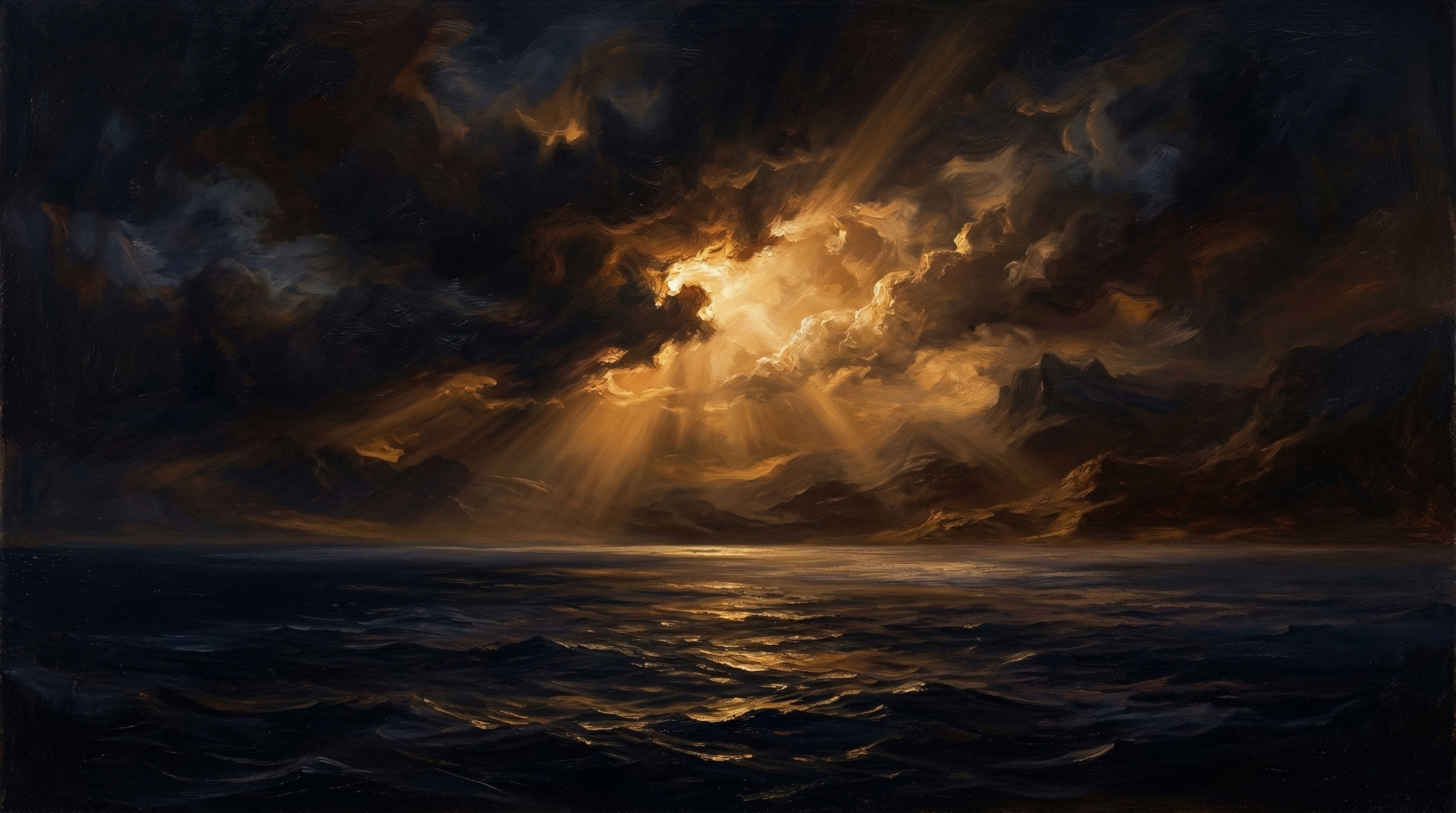 Golden light breaking over still water at the moment of creation